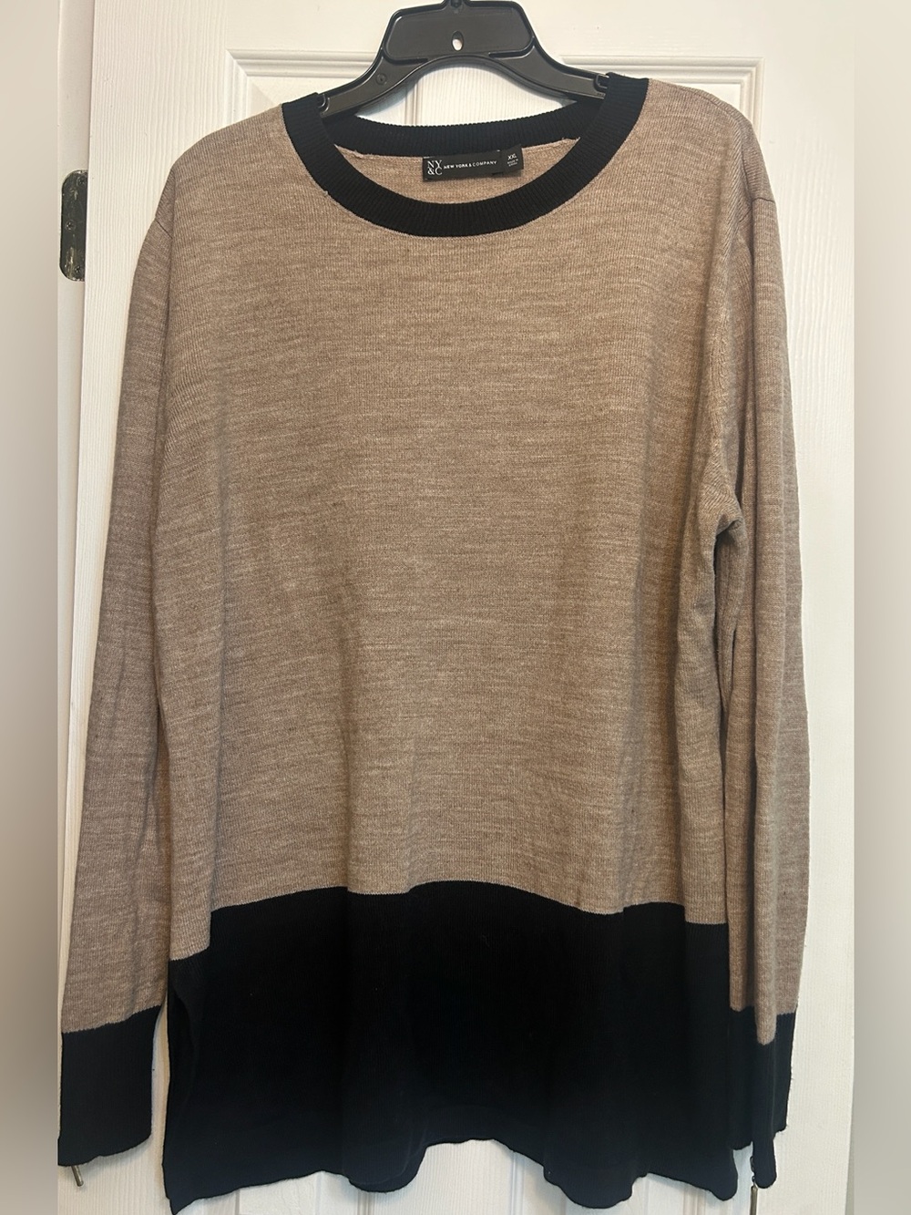 New York & Company Black-Trim Taupe Knit Sweater with zip sleeve detail